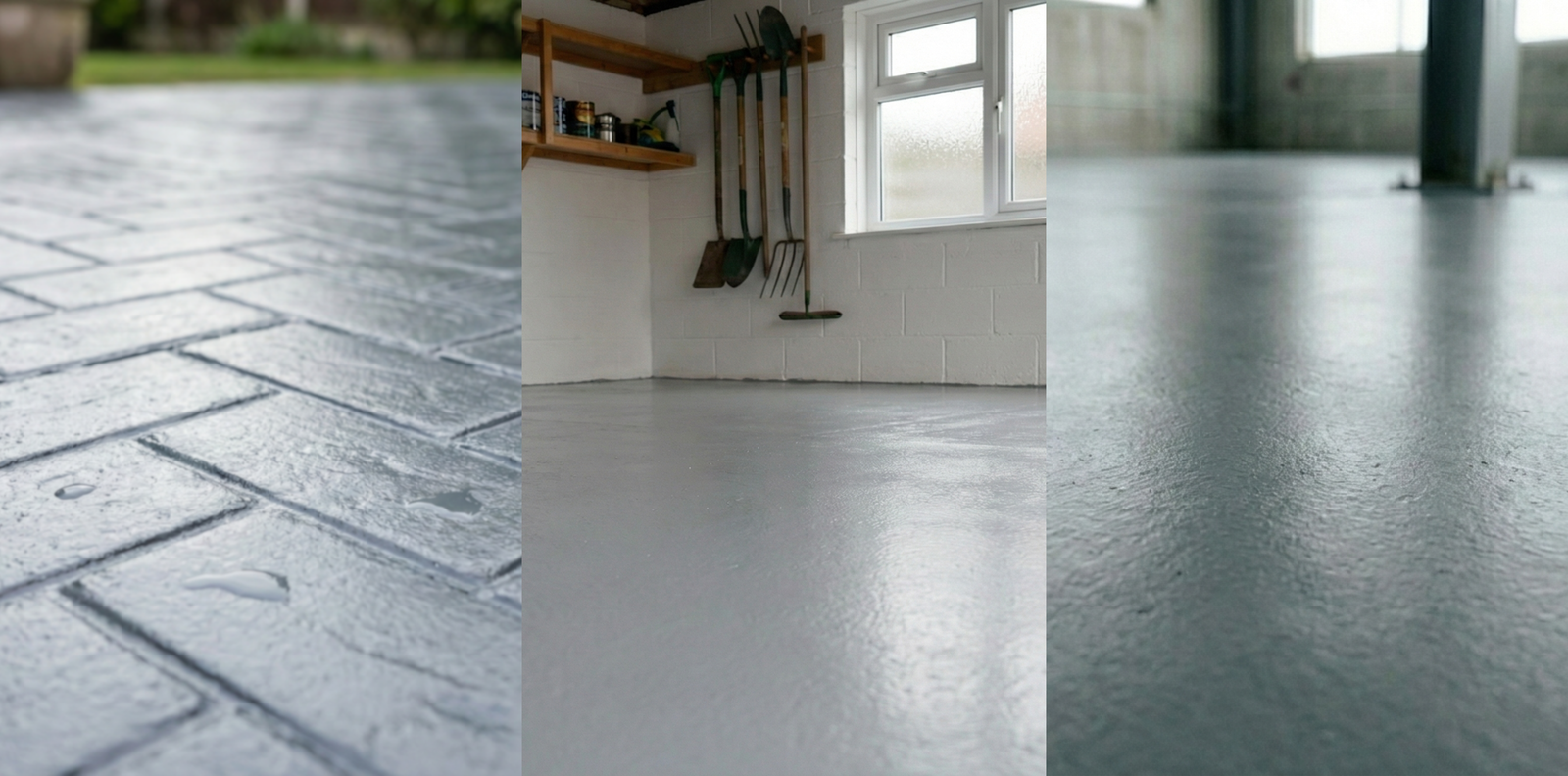 Three side by side images of different concrete surfaces painted with a variety of different paints