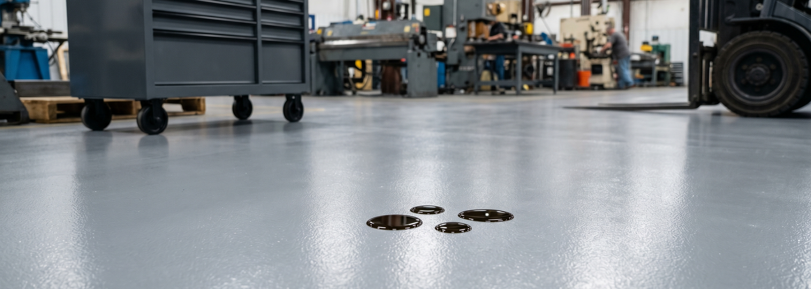 The professional choice for workshop flooring: durable, chemical-resistant polyurethane industrial paint holding up to heavy machinery.