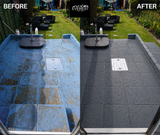Before and after comparison of a roof top patio area with Everrest branding.