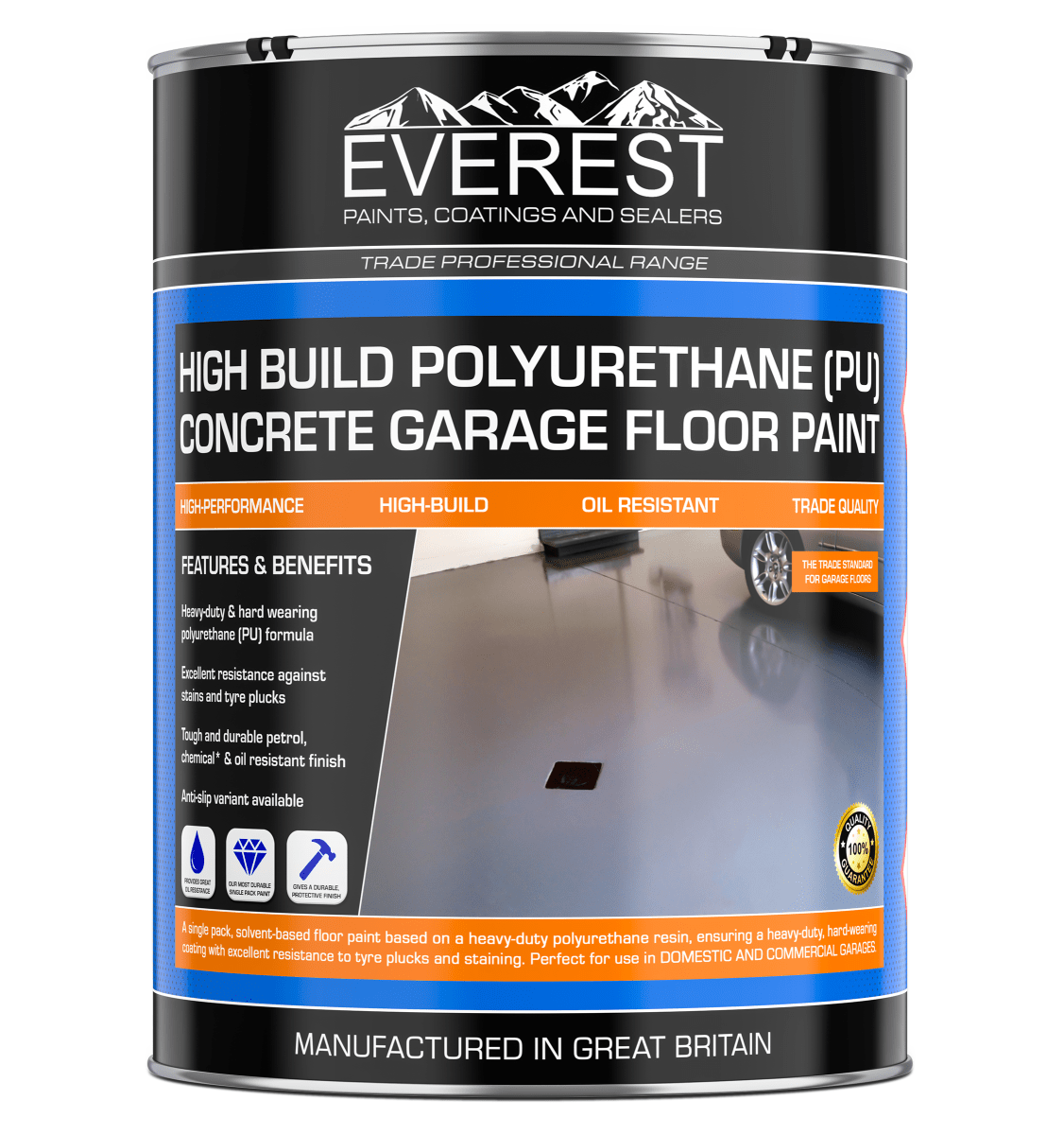 Garage Floor Paint - High Build Polyurethane (PU) Resin Based - Everest Trade - Anti-Slip - PremiumPaints - 5 litre